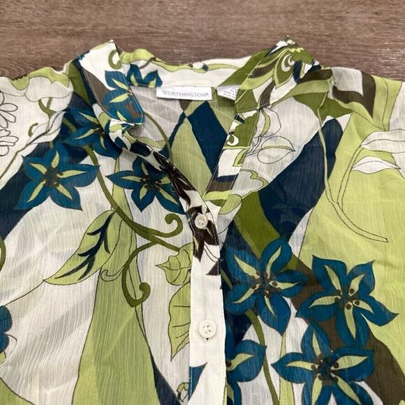 Worthington Women's Size 8 Y2K Babydoll Top‎ Blouse Green Floral 70s Print Sheer - Picture 2 of 8